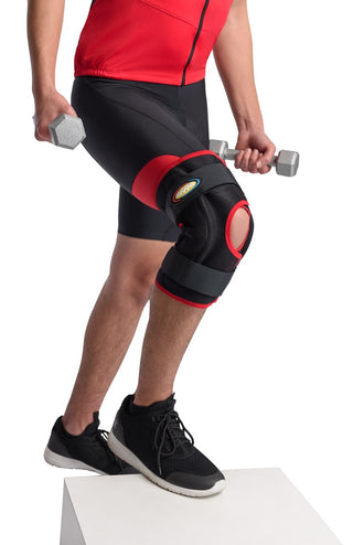 MAXAR Airprene (Breathable Neoprene) Wrap-Around Knee Brace (Double-Pivot Hinge) - Black w/Red Trim